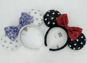 2pcs Disney Parks Purple White Heart Bow Disneyland 2022 Minnie Ears Headband - Picture 1 of 3