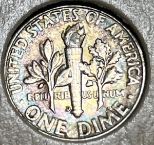 1947 D Roosevelt Silver Dime Rainbow Toning Both Sides Uncirculated - Picture 1 of 12