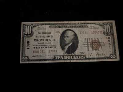 1929 $10 COLUMBUS NATIONAL BANK PROVIDENCE RI NATIONAL CURRENCY CH #13981 - Image 1 of 4