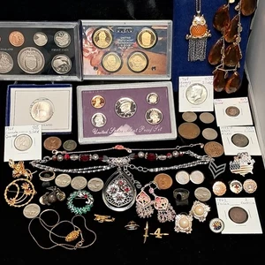 Junk Drawer Estate Sale COIN & Jewelry LOT Proof Sets Silver Coins Rhinestones - Picture 1 of 23