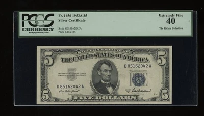DBR 1953-A $5 Silver Fr. 1656 DA Block PCGS XF-40 Serial D85162042A - Image 1 of 2