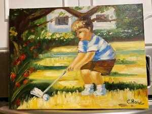 Dipinto Olio - Bambino Golfista (Adorabile) Nuovo/Allungato-12"x16"NUOVO - Foto 1 di 1