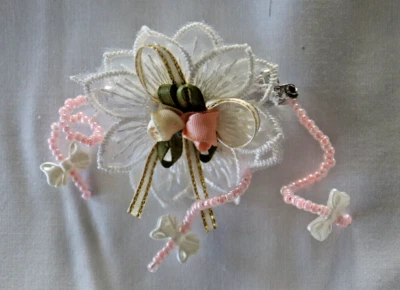 BARRETTE 手工串珠法国发夹双白色蕾丝花朵带蝴蝶结 2 — 第 1/2 张图片
