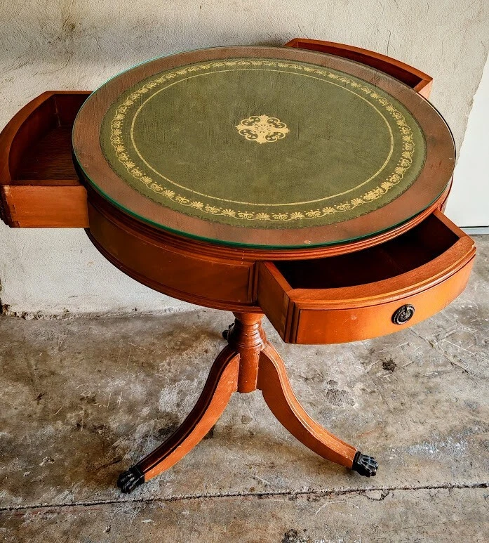 Antique Guéridon rond sur roulettes travail style anglais 3 tiroirs H. 64cm 50cm - Photo 1/4