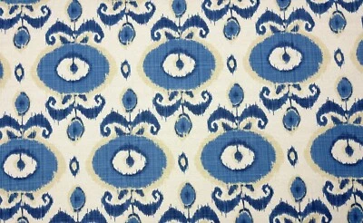 VILBER EGEO AZURE BLUE IKAT EYE NATURAL BASKETWEAVE MULTIUSE FABRIC BY YARD 57"W - Image 1 of 4