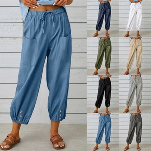 Womens Cotton Linen Cropped Harem Pants Summer Combat Cargo Wide Leg Trousers US - Picture 1 of 24