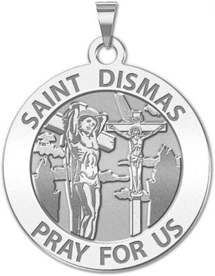 Saint Dismas Round Religious Medal - Available in Solid 14K Gold Sterling Silver - Image 1 of 4