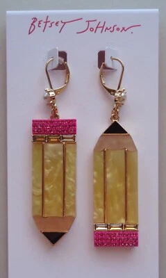 Betsey Johnson Mismatched Pencil Drop Earrings Crystals Faux Pearls School NEW - Image 1 of 4