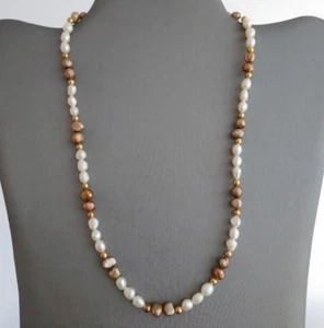 Freshwater Pearl Necklace 2 Tone White Brown Beads Gold Tone Heart Toggle 19.5” - Picture 1 of 5