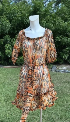 VESTIDO INFORMAL BLUGIRL BLUMARINE ESTAMPADO ANIMAL TRANSPARENTE MANGA 3/4 CINTURÓN Talla M Foto 1 de 4