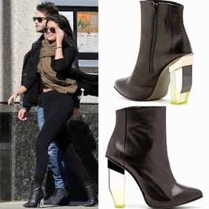 MIISTA AMAYA ANKLE BOOTS 6.5 Black Leather Booties Yellow Plastic Perspex Heels - Picture 1 of 12