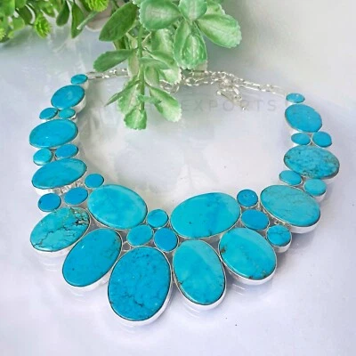 Colar de pedra preciosa turquesa 925 colar de prata esterlina feito à mão - Imagem 1 de 4