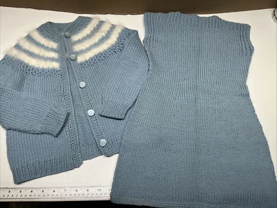 Ручной работы платье и свитер вязаный комплект | 1970-х | девочек | синий и белый - Изображение 1 из 4