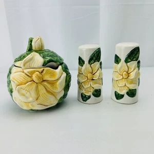 Vintage Wang's Intl Magnolia Sugar Bowl, Salt & Pepper Shakers Floral Design - Picture 1 of 6
