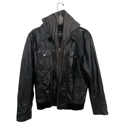 Black Rivet Men’s Medium Genuine Leather Bomber Moto Jacket Quilted Hooded Lined - Image 1 of 4