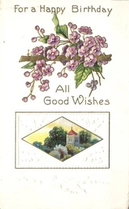 Postal en relieve para un feliz cumpleaños todos los buenos deseos flores moradas - Imagen 1 de 2