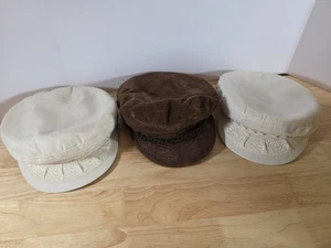 Lot Of 3 Greek Fisherman Caps, 2 White 1 Brown Courderoy - Picture 1 of 12