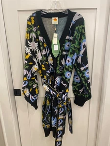 Anthropologie Farm Rio Winter Garden Long Cardigan Sweater Black Floral Size - Picture 1 of 10