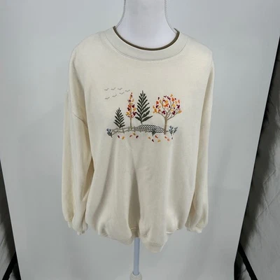 Basic Editions Cream Embroidered Trees Fall Leaves Crewneck Sweatshirt Women's L - Image 1 of 4