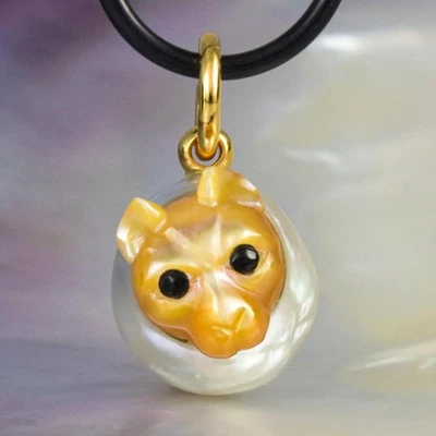 Geschnitzter Perlmutt Süd See Perle Katze Anhänger Vermeil Sterling 4.79g - Bild 1 von 4