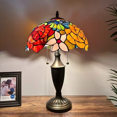 Tiffany Style Table Lamp Red Orange Stained Glass Rose Flowers LED Bulb 14"W21"H - Image 1 of 4