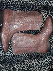 Vtg 70s 80s MARIO BRUNI DESIGNER Knit Leather Weave Woven Beatle Rock Ankle Boot - Picture 1 of 12