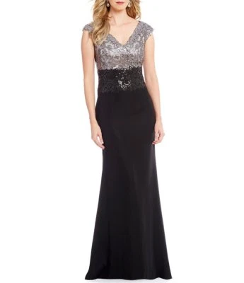 TADASHI SHOJI Dark Pearl Grey Black Sequin Lace Bodice Two-Tone Rema Maxi Gown 6 - Image 1 of 4