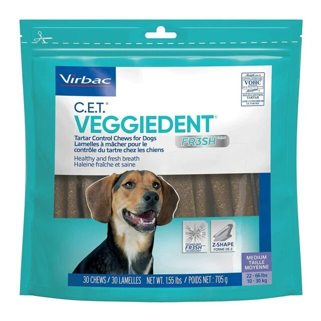 Virbac C.E.T. VeggieDent FR3SH Tartar Control Chews for Medium Dogs - 30 Count