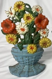 Cast Iron Doorstop Floral Basket Of Flowers Painted Colorful Bouquet Vintage 9” - Picture 1 of 12
