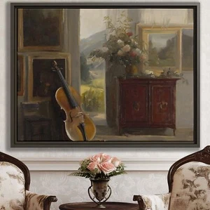 Vintage Still Life Oil Painting Violin Floral Canvas Print Framed Wall Art Decor - Picture 1 of 9