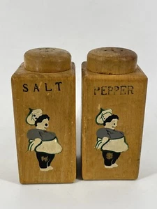 Vintage Wood Salt Pepper Shaker Set Hand Painted Chef Man Japan Farm rustic - Picture 1 of 13