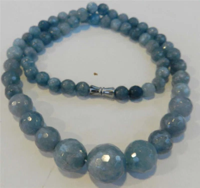 Faceted 6-14mm Brazilian Blue Aquamarine Round Gemstone Beads Necklace 18'' - Image 1 of 3