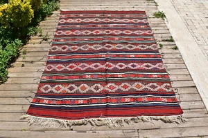 Turkish Kilim Handwoven 3'x8' Cicim Kilim Natural Wool Vintage Rug 113x244cm - Picture 1 of 11