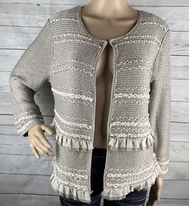 Ruby Rd. Cardigan Sweater Large Natural Tan Textured Stripes Ruffle Trim Knit - Picture 1 of 12