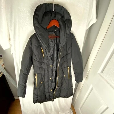 Cole Haan Signature Puffer Coat Womens Small Black Belted Pockets Long Sleeve - Image 1 of 4