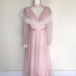 Vintage 70s Pink Polka Dot Organza Long Sleeved Prairie Dress/Edwardian Gown: S - Bild 1 von 10