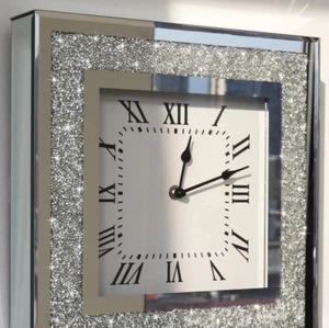 Crystal Diamond Mirrored Square Wall Clock with Sparkle Twinkle Bling Diamond - Picture 1 of 11