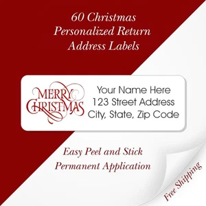 60 Christmas Return Address Labels Personalized 3/4" x 2 1/4" Merry Christmas - Picture 1 of 3