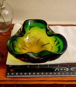 Murano Glass Bowl - Green & Amber - MCM Vintage - Picture 1 of 8