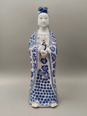 Blue And White Porcelain Statue Of Guanyin East Asian Bodhisattva Of Compassion - Image 1 of 4