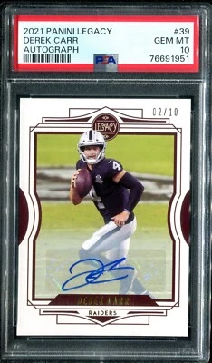 Autógrafos PSA 10 2021 Panini Legacy #39 Derek Carr 2/10 Las Vegas Raiders Pop1 Foto 1 de 2
