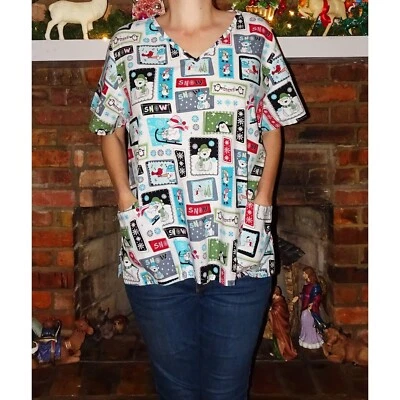 SC Scrubs Snowman & Polar Bear Winter Scrub Top XL medical scrubs nurse vet tech - Image 1 of 4