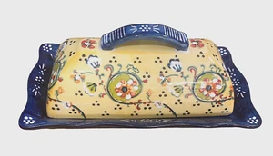 Vintage Ceramic Hand Painted Butter Dish with Lid Handle Blue Yellow Raised Dots - Picture 1 of 4