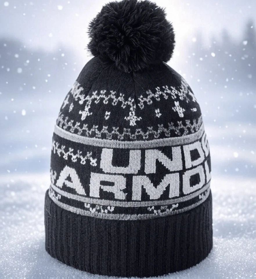 UNDER ARMOUR Beanie POM POM retro  black COLOR ONE SIZE NEW AUTHENTIC HAT - Image 1 of 1