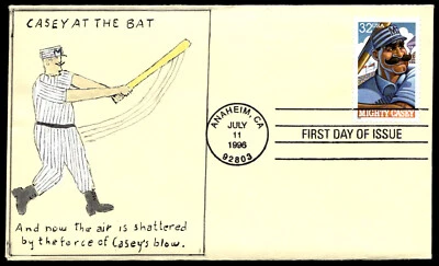 1996 Mighty Casey FDC Casey at the Bat Hand Drawn Unknown Cachet - Image 1 of 2