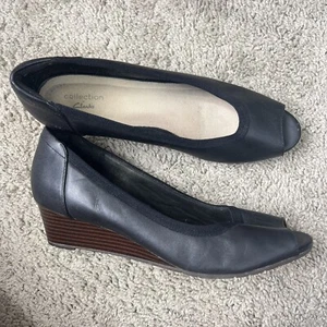 Clark’s women’s heels, wedge black leather slip on peep toe size 10 - Picture 1 of 5