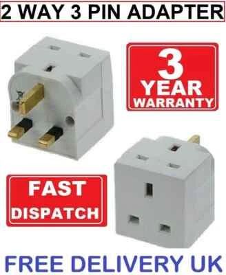 2 WAY 3 PIN ADAPTER SOCKET HOUSEHOLD MULTI PLUG UK MAINS 3AMP DOUBLE SOCKET - Image 1 of 4