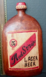 13" Red Stripe Lager Beer  Wooden Hand Carved Art Hand Painted Sign by R. Reid - Picture 1 of 3