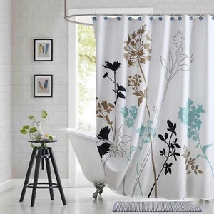 Fabric Floral Shower Curtain Blue and White Shower Curtain Teal and Brown Pla... - Picture 1 of 5