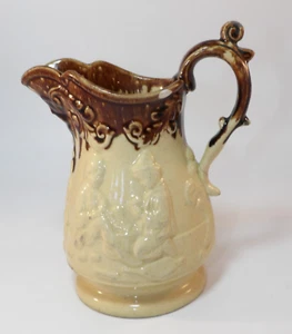 Antique Drip Drizzle Glaze Stoneware 7.75" Moulded Jug Card Players c1880 VGAC - Picture 1 of 12
